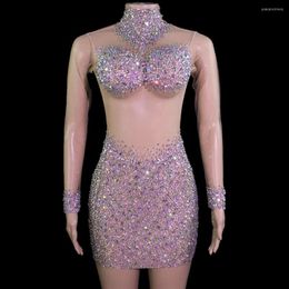 Stage Wear Luxurious AB Rhinestones Short Dress Sexy See Through Crystal Nightclub Party Birthday Performance Costume Show