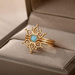 Cluster Rings Vintage Opal For Women Stainless Steel Sun Ring Moonstone Gold Sliver Color Accessories Jewelry Gift Friend 2023Cluster