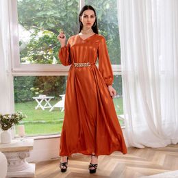 Ethnic Clothing Wepbel V-neck Women Abaya Muslim Dress Long Sleeve Jacquard Satin Robe Caftan High Waist Metallic Belt Middle East Kaftan