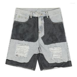 Men's Jeans 2023 Summer Mens Destroyed Short Mesh Patchwork Fashion Hi Street Ripped Denim Shorts Washed Streetwear