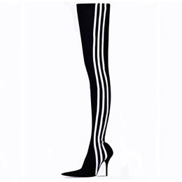 Boots MKKHOU Fashion Over Knee High Quality Oointy Striped Matching Colour Heel Elastic Modern Pants Shoes 230221