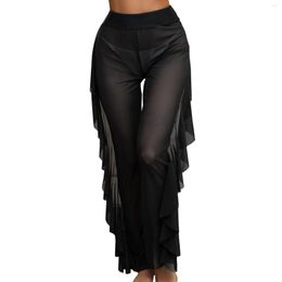 Women's Swimwear Sexy Ruffle Women Beach Mesh Pants Sheer Wide Leg Transparent See Through Sea Holiday Cover Up Bikini Trouser Pantalon