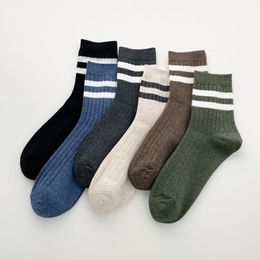 Men's Socks Japen Retro Cotton Thick Thread Double Needle Thickening Two Bar Autumn Winter Sports Soild Colour Mid-Tube SocksMen's