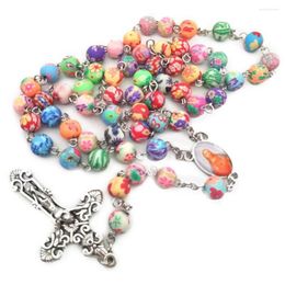 Chains Colorful Catholic Rosary Necklace Polymer Clay Round Bead Our Lady Of Fatima Lourdes Guadalupe Mary Center Medals