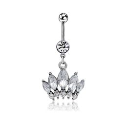Navel & Bell Button Rings Piercing for Women Zircon Flower Crown Surgical Steel Summer Beach Fashion Body Jewellery Silver Colour