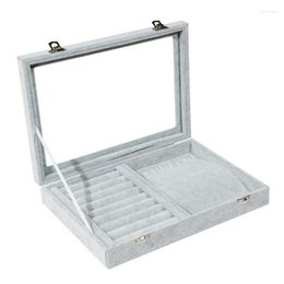 Jewellery Pouches Velvet Display Case Box Earring Ring Organiser Tray Cufflink Storage Showcase With Clear Glass Lid Grey