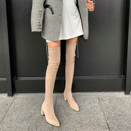 Botas sexy mulheres altas moda de inverno sobre o joelho quente botas mujer camurça renda para cima bombas sapatos de sapatos 230223