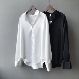 Women's Blouses Shirts Silk Korean Office Ladies Elegant Blouse Women Fashion Button Up Satin Vintage White Long Sleeve Tops 113555 230223