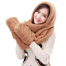 Hats Scarves Gloves Sets 3 In 1 Women Winter Warm Soft Hood Scarf Snood Pocket Fashion Hooded Srarves Hat Glove Piece