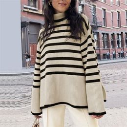 Black White Stripe Sweater Streetwear Loose Tops Women Pullover Female Jumper Long Sleeve Turtleneck Knitted Ribbed Sweaters