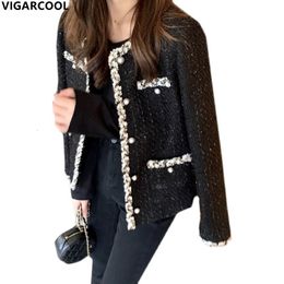 Womens Jackets French ladies style black Korean version short Top bright sparkling Fashion simple casual 230223