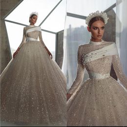 High Neck Wedding Dress White Ivory Sexy Long Sleeve Beading Sequins Ball Gown Bridal Gowns Vestido De Noiva