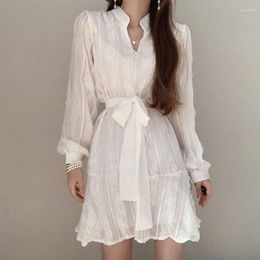 Casual Dresses Lace Women White Summer 2023 V-Neck Long-Sleeved Slim Knee-Length Elegant Office Lady Outwear Coats Tops