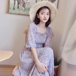 Party Dresses Women Summer Chiffon Long Maxi Dress Vintage Square Collar Female Purple Casual Holiday Lady Beach Boho Vestidos