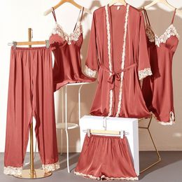 Women's Sleepwear Lace 5PCS Pyjamas Set Spring Sleepwear Women Satin Lounge Wear Lingerie Home Clothes Sexy Kimono Bathrobe Gown With Breast Pads 230223