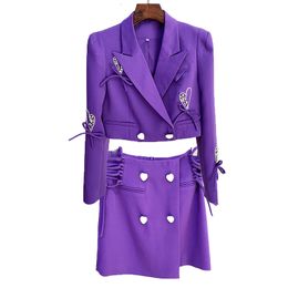 Two Piece Dress HIGH QUALITY est 2023 Designer Runway Suit Set Women's Heart Beaded Bow Diamonds Buttons Short Blazer Mini Skirt 230222
