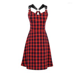 Casual Dresses Women Plus Size Plaid O Ring Criss Cross High Low Dress Vintage Sleeveless A Line Party Retro Swing Vestidos