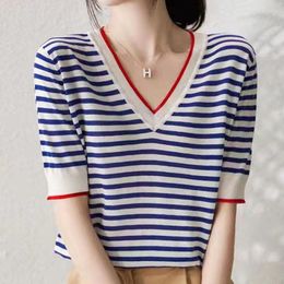 Women's Blouses Short-sleeved Shirt With Blue And White Stripes For Women's Summer V-neck Colour Matching Fashion Clothing Femme Tops