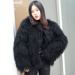 Women's Jackets CX-G-A-27C Women Winter Black Mongolian Lamb Fur Coat Long Sleeve Outerwear Lady Short Style Jacket