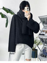 Women's Sweaters Women Sweater 2023 Winter O-Neck Twist Knit Scarfs Lady Long Sleeve Loose Knitwear Pullover Tops All-Match