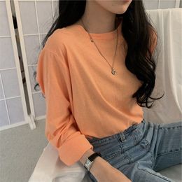 Women's Knits Tees Spring Autumn Polyester T Shirt Round Collar Long Sleeve Pullover Solid Loose Fashion Casual 230222