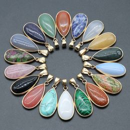 Natural Agate Crystal Semi-precious Stone Charms Waterdrop Agate Gold Border Edge Egg Pendant for Jewelry Making