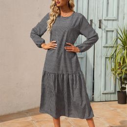 Casual Dresses Long Sleeve Round Neck Plaid Ruffled Loose Dress Clothes For Pregnant Women