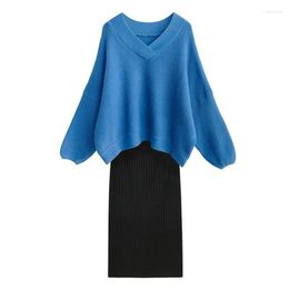 Work Dresses Women Sexy Loose Sweater Two Piece Sets Autumn Winter V Neck Pullover Top Slim High Waist Skirt Outfits Woman Knit Suit