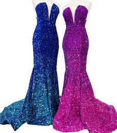 Shimmer Plunging V-Neck Prom Dress 2k23 Royal Ombre Velvet Sequin Mermaid Lady Preteen Girl Pageant Gown Formal Evening Party Wedding Guest Red Capet Runway Hoco