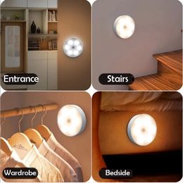LED Night Lights USB Rechargeable Round Motion Sensor Under Cabinet Light Closet Lamp Kitchen Bedroom Decoration