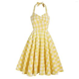 Casual Dresses Yellow Plaid Print Vintage Dress England Halter Women Party Backless Elegant Hepburn 50s Rockabilly Feminino Vestidos