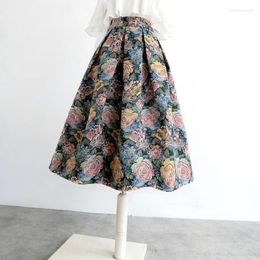 Skirts Spring Autumn Hepburn Rose Flower Vintage Elegant Womens Faldas Aesthetic Jacquard High-waisted Long Midi Pleated Skirt