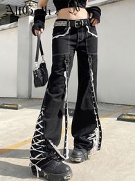 Women's Jeans AltGoth Emo Alternative Women Dark Gothic Streetwear Harajuku Y2k Punk Lace Patchwork High Waist Ribbon Chain Denim Pants 230223