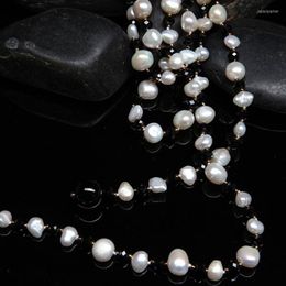 Chains Long Elegant Natural Pearl Necklace Fine Jewelry Handmade Black Cryatal Sweater Chain 130 Cm Woman Gift