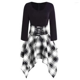 Casual Dresses Lace Up Tartan Asymmetrical Dress Long Sleeves O-Neck Cheque Plaid Women Vintage 60s Rockabilly Party Vestidos 2023