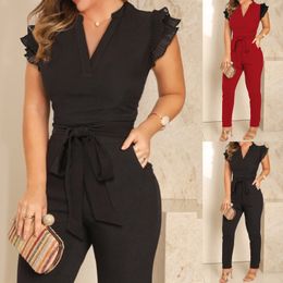 Women's Jumpsuits Rompers Summer Casual V Neck Jumpsuits For Women Dressy Sleeveless Pocket Design Jumpsuit With Belt Jumpsuit Slim Rompers 230223