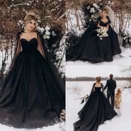 Maternity Gothic Black Ball Gown Wedding Dresses With Long Wraps Vintage Lace Appliqued Plus Size Vestidos De Novia Sexy Backless Bridal Reception Gowns CL1898