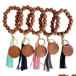 Keychains Lanyards Diy Wooden Beaded Fashion Wrist Bracelet Keychain Tassel Pendant Keyring Drop Delivery Accessories Dhuxk