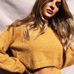 Women's Sweaters Foridol Knitted Cropped Pullover Sweater Women Autumn Winter Vintage Lantern Sleeve Yellow Fuzzy Short Jumper 2023 Fluffy
