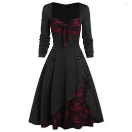 Casual Dresses Gothic Women Party Dress Plus Size Flower Lace Insert Mock Button Bowknot Vintage Autumn Elegant Maxi Vestidos