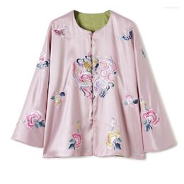 Women's Jackets 2023 Autumn O-Neck Jacket Retro Single Breasting Chinese Style Embroidery Double Side Wearable Women Top S-XXL