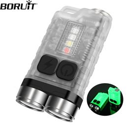 Key Chain Flashlights BORUiT V3 LED Keychain Portable Fluoresce Flashlight Work Light Type-C Rechargeable Mini Torch with Magnet UV Pocket Lantern 230223