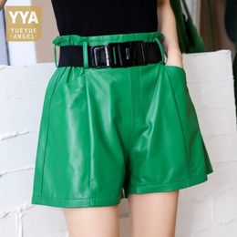 Women's Shorts Women Wide Leg Fashion Multicolor Casual Sashes High Waist Loose Genuine Leather Female Bikers Mini Trousers 230222