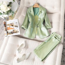 Women's Suits Blazers Women Satin Silk Blazers Autumn Solid Color Notched Collar Single Button Blazer Ladies OL Elegant Slim Glossy Suit Set 230223