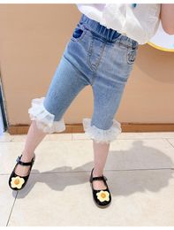 Jeans Girl Baby Pants Wild Mesh Yarn Shorts Summer Wear Fashion Denim Stitching Lace Princess Children's