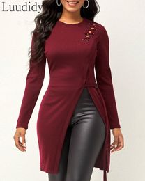 Women's T-Shirt Women Solid Color ONeck Eyelet LaceUp Long Sleeve High Slit Top 230223