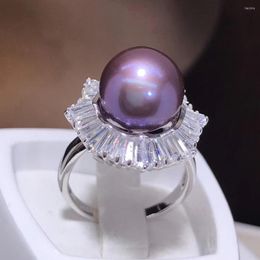 Cluster Rings D513 Pearl Ring Fine Jewellery 925 Sterling Silver Round 11-12mm Nature Fresh Water Purple Pearls For Women Presents