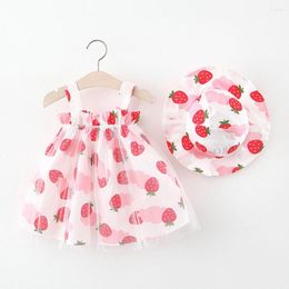 Girl Dresses Sweet Strawberry Print Mesh Sleeveless Girls With Sunhat 2023 Summer Baby Beach Clothes Toddler Princess Dress