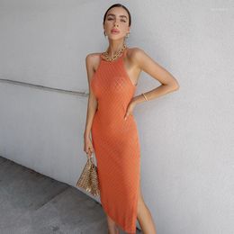 Casual Dresses Women Summer Slip Dress 2023 Sexy Solid Color Knitted Sheer Sleeveless Brace Hollow With Side Slits For Ladies S-L