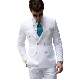 Men's Suits & Blazers White Men Custom Made Wedding Peaked Lapel Double Breasted Blazer Tuxedo Handsome Bridegroom Jacket 2 Pieces SetMen's